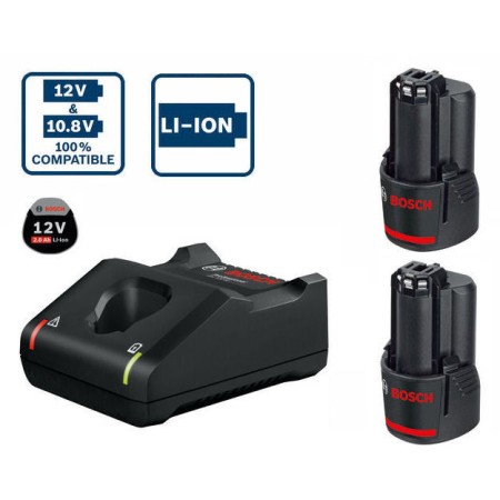 BOSCH KIT DI 2 BATTERIE GBA 12 VOLT 2 Ah + CARICABATTERIE GAL 12V-40 BATTERIA