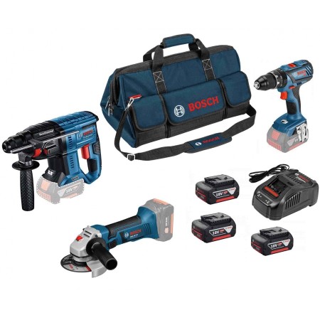 BOSCH KIT SET GBH18V-21 2J+GWS18V-LI 115mm+GSB18V-28+3 BATTERIE 4.0 Ah+ BORSA