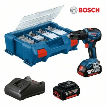 BOSCH TRAPANO AVVITATORE PERCUSSIONE 2 BATTERIE 4.0 Ah + 82 ACCESSORI GSB 18V-55