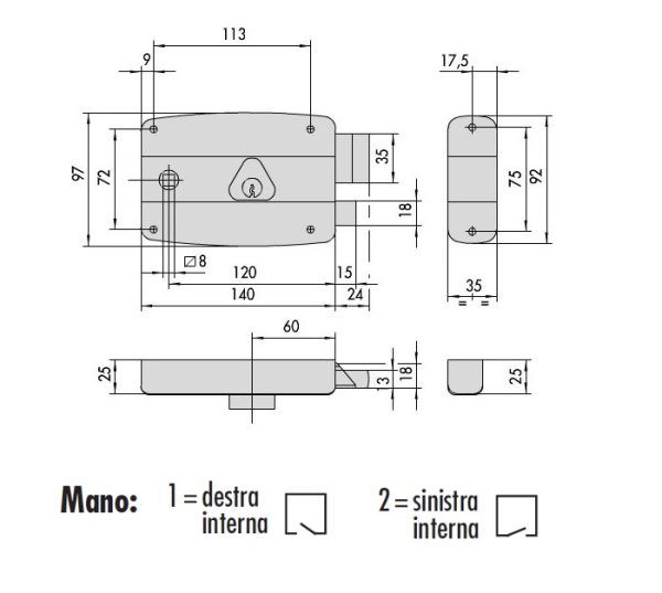 CISA 50571 SERRATURA MANUALE CANCELLETTO SERRATURE CANCELLO ENTRATA 60 - immagine 3