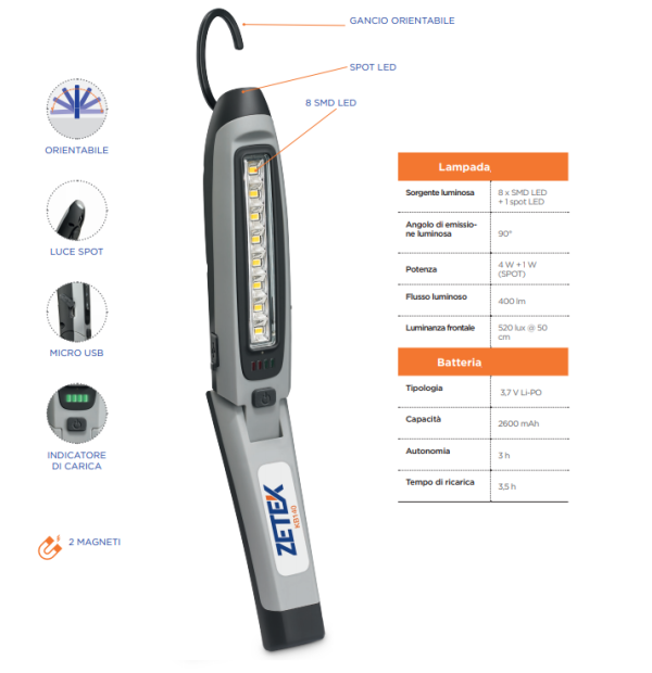 ZETEK by ZECA KB140 LAMPADA A LED RICARICABILE 8+1 SMD LED - immagine 4