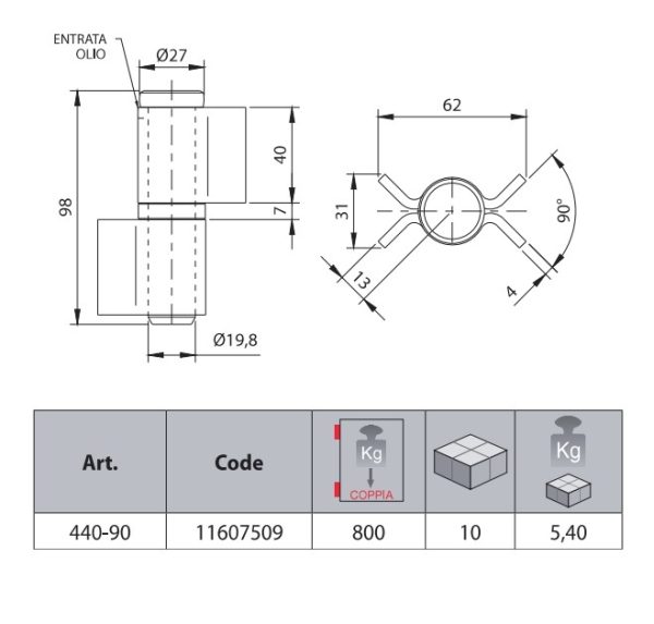 COMUNELLO 440-90 CERNIERONA 2 ALI APERTE PERNO SFILABILE CON RONDELLA 90 mm - immagine 3