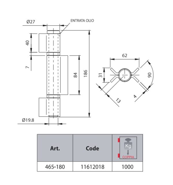 COMUNELLO 465-180 CERNIERONA 3 ALI APERTE PERNO SFILABILE CON CUSCINETTO 180 mm - immagine 3